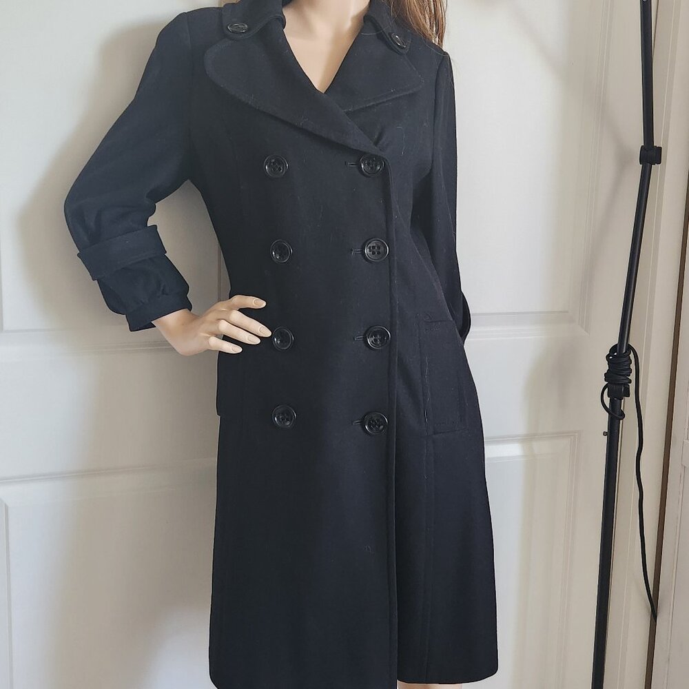 Y2K Vintage Black Wool Peacoat Women – Double Breasted Semi Fitted Coat Small